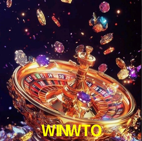 Escena dinámica inspirada en casino con iluminación WINWTO, cartas, fichas e íconos de juegos digitales en un espacio moderno de juegos.