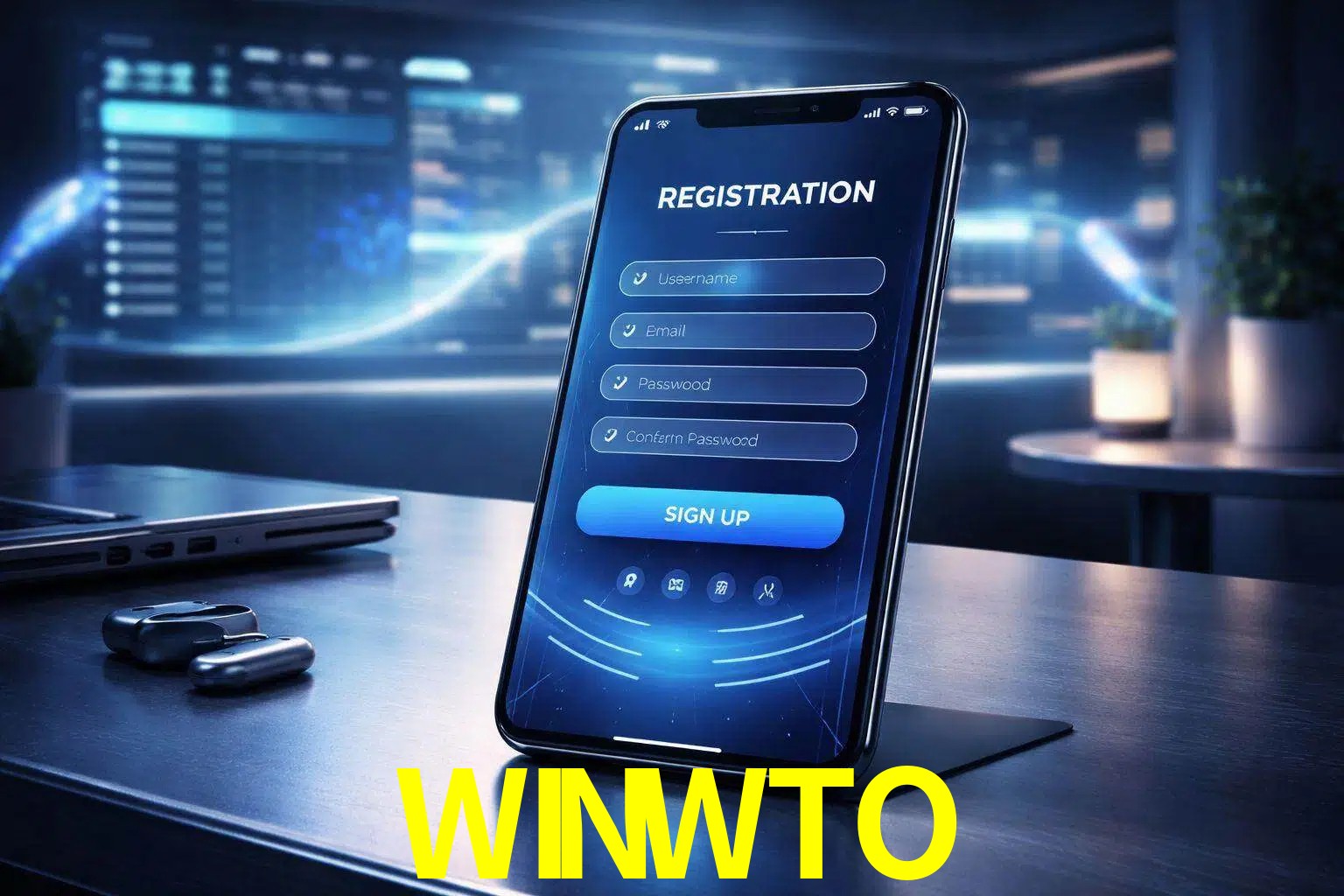 Una interfaz moderna de registro móvil para WINWTO mostrada en un smartphone con un panel de apuestas elegante.